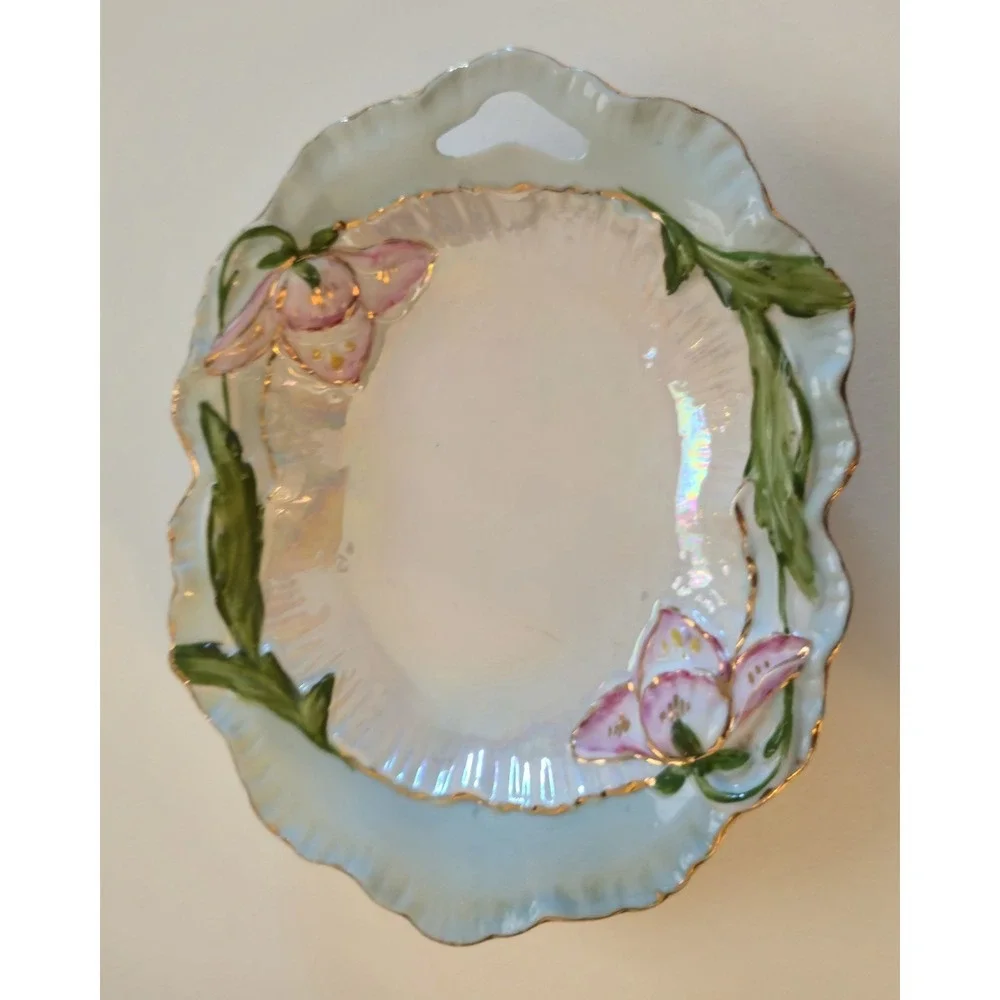 Vintage Floral Porcelain Relish Celery Dish Pink Lily Flowers Gold Gilt Accent